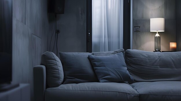 Beautiful living room interior with comfortable gray sofa Generative AI