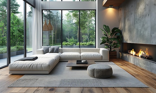 Beautiful living room interior with hardwood floors and fireplace in new luxury home