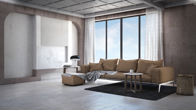 Beautiful living room in modern home with double vanity, sofa, table, side table, and tile floor in scandinavian style