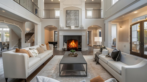 Beautiful living room in new traditional style luxury home Features vaulted ceilings Generative AI