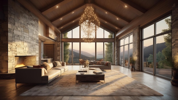 Beautiful living room in traditional luxury home with carpet on hardwood floor Generative AI