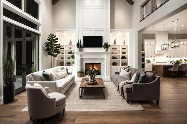 Beautiful living room with hardwood floors and fireplace in new luxury home