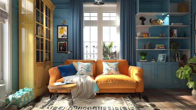 A beautiful living room with a large yellow sofa blue walls and a mix of modern and traditional furniture