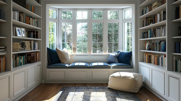 A beautiful living space with a large bay window and a comfortable window seat