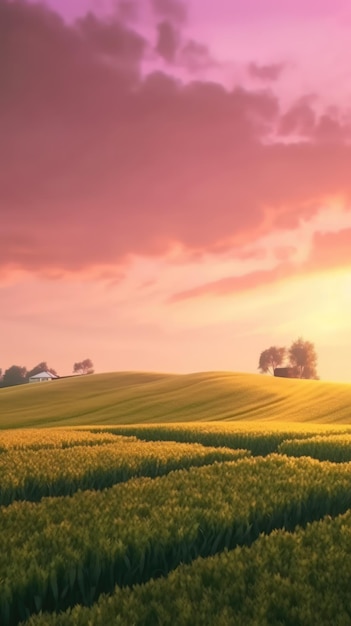 Beautiful local farm with sunset in the countryside field Generative AI