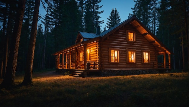 Beautiful log cabin in a forest clearing night time warm glow emanating from the windows warm co