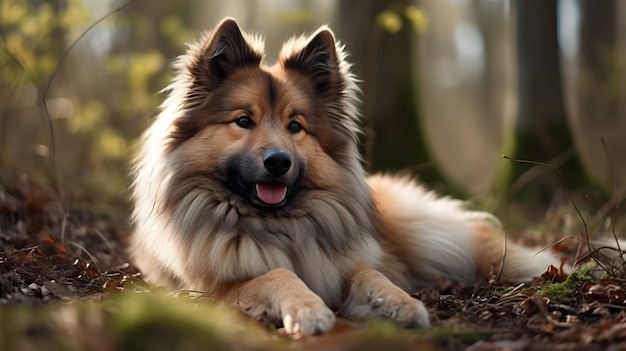 Beautiful long fur brown Icelandic Sheepdog sitting and relax on the forest ground nature background