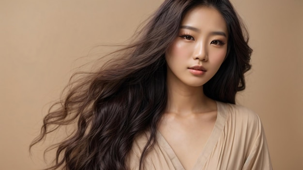 beautiful long hair korean woman wearing make up