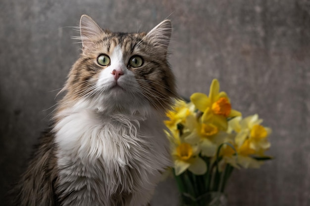 Beautiful longhaired cat with a white chest big green eyes and a pink nose sits on a background of f