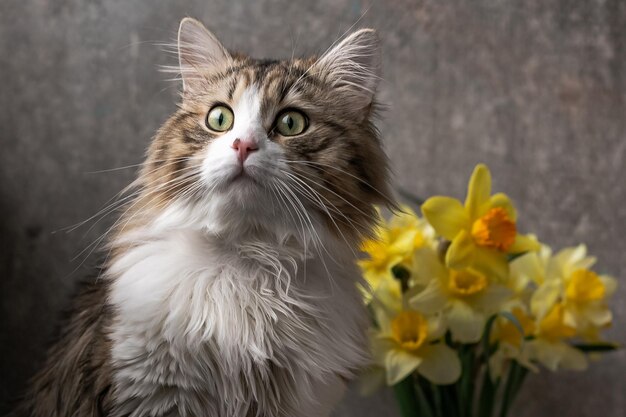 Beautiful longhaired cat with a white chest big green eyes and a pink nose sits on a background of flowers and looks away closeup