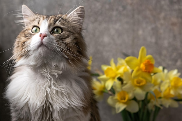 Beautiful longhaired cat with a white chest big green eyes and a pink nose sits on a background of flowers and looks away closeup