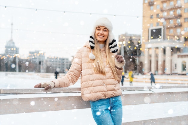 Beautiful lovely middle age girl blonde hair warm winter jackets