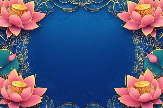 Photo beautiful loy krathong festival background with floating lotus flowers and golden ornaments on blue