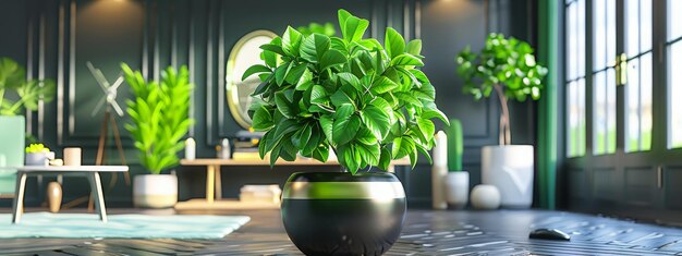 Beautiful lush emerald home plant ficus in a pot in a home interior on a dark background