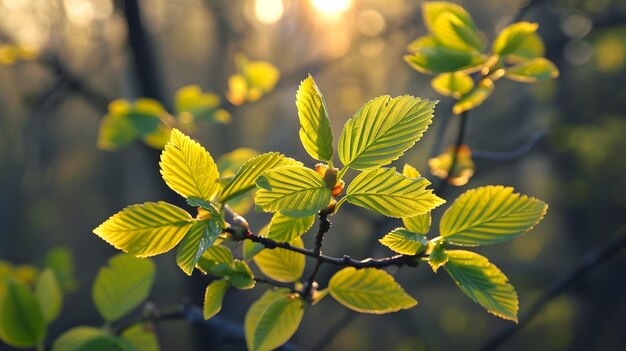 Beautiful Lush Green Leaves Basking in the Soft Evening Light of Early Spring