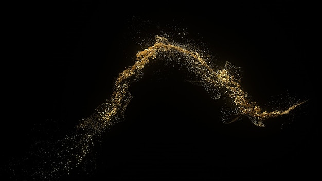 Beautiful luxury background 3d render with golden particles and light bloom. Metal particles flow.