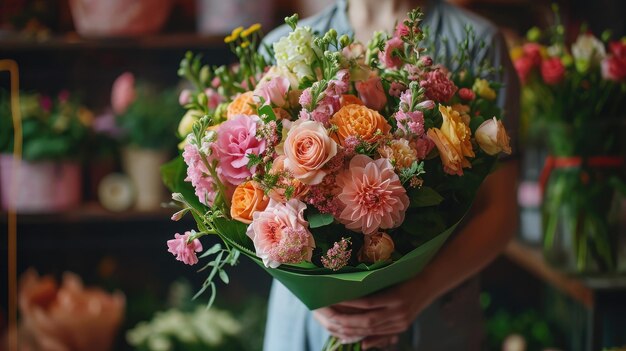 beautiful luxury bouquet of mixed flowers in woman hand the work of the florist at a flower shop