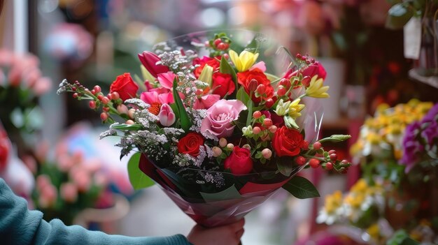 beautiful luxury bouquet of mixed flowers in woman hand the work of the florist at a flower shop