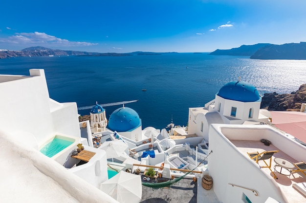 Beautiful luxury travel vacation Oia town on Santorini island Greece Traditional famous houses