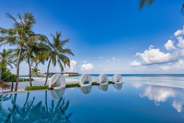 Beautiful luxury umbrella chairs outdoor swimming pool in tropical beach resort, tranquil poolside