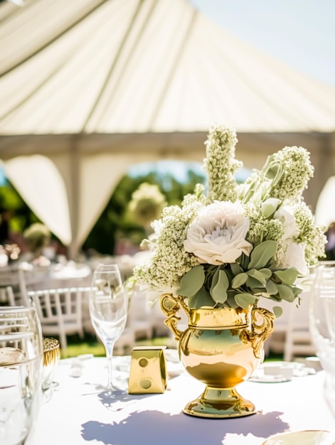 Beautiful luxury wedding table decoration idea and inspiration with flowers and generic stylised design for a summer wedding celebration outdoors in the English style floral garden Generative Ai