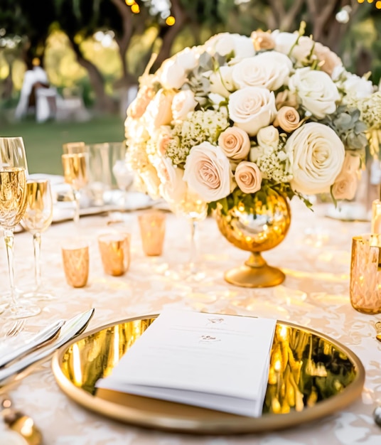 Beautiful luxury wedding table decoration idea and inspiration with flowers and generic stylised design for a summer wedding celebration outdoors in the English style floral garden Generative Ai