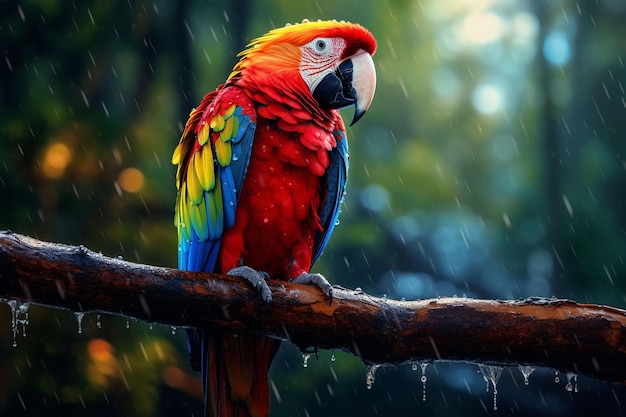 beautiful macaw parrot bird in rain forest wildlife scene