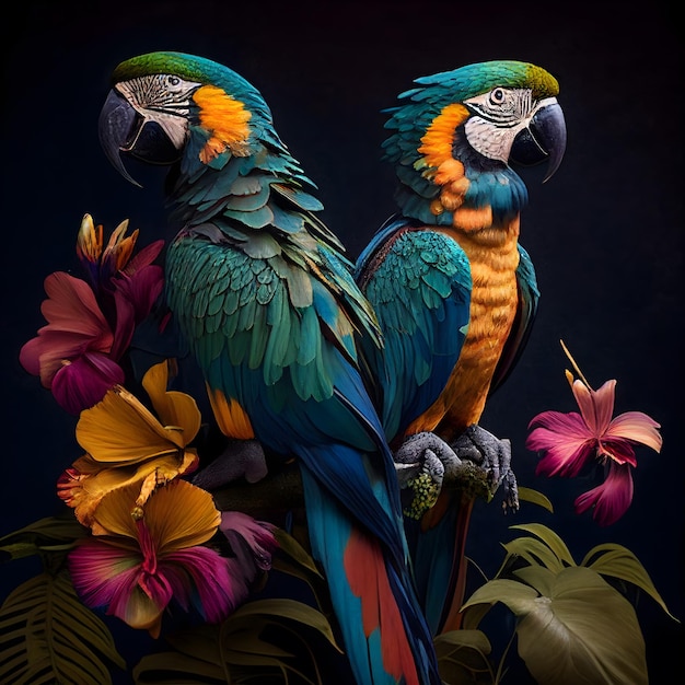 Beautiful macaw parrots and hibiscus flowers on black background