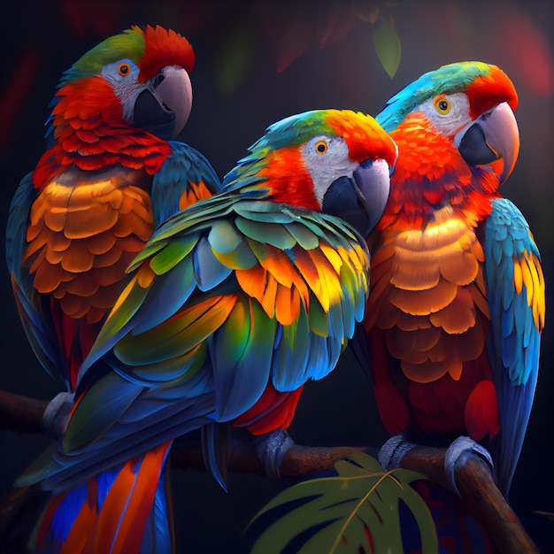 Beautiful macaws on a branch in the forest 3d rendering