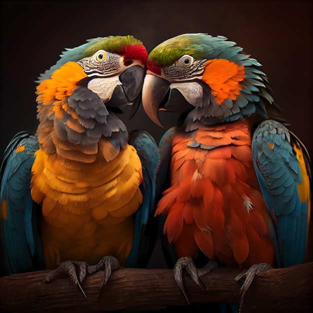 Beautiful macaws couple isolated on dark background closeup