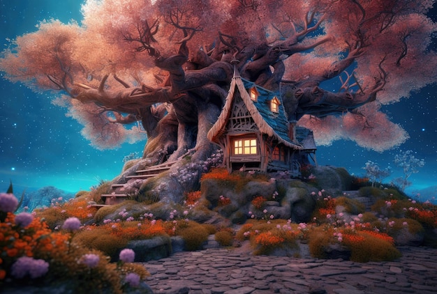 Beautiful Magic Fairy House in Fairy Forest extreme closeup Generative AI