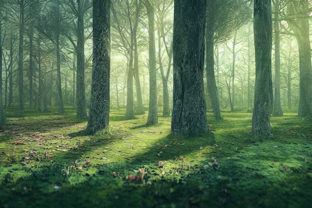 beautiful magic forest in the sunny foggy view.