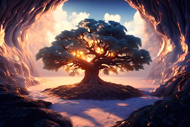 beautiful magic tree with magical clouds and light