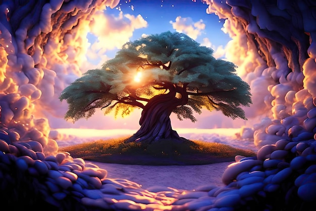 beautiful magic tree with magical clouds and light