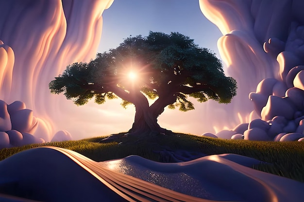 beautiful magic tree with magical clouds and light