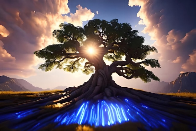 beautiful magic tree with magical clouds and light