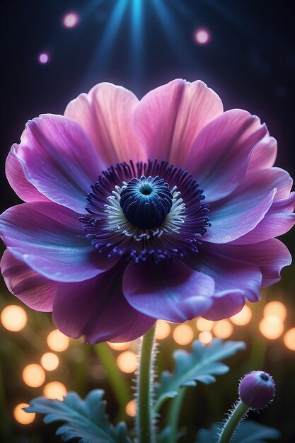 A Beautiful Magical Anemone Flower with magical lights in the background