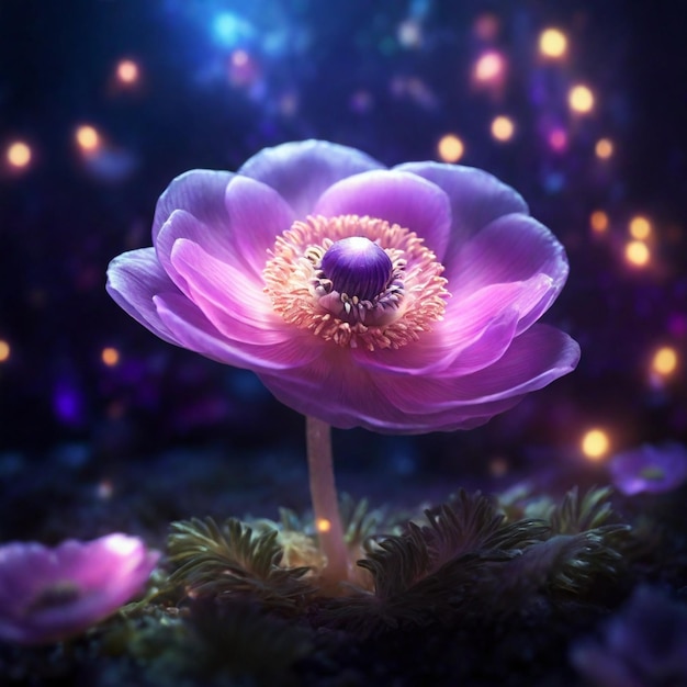 A Beautiful Magical Anemone Flower with magical lights in the background