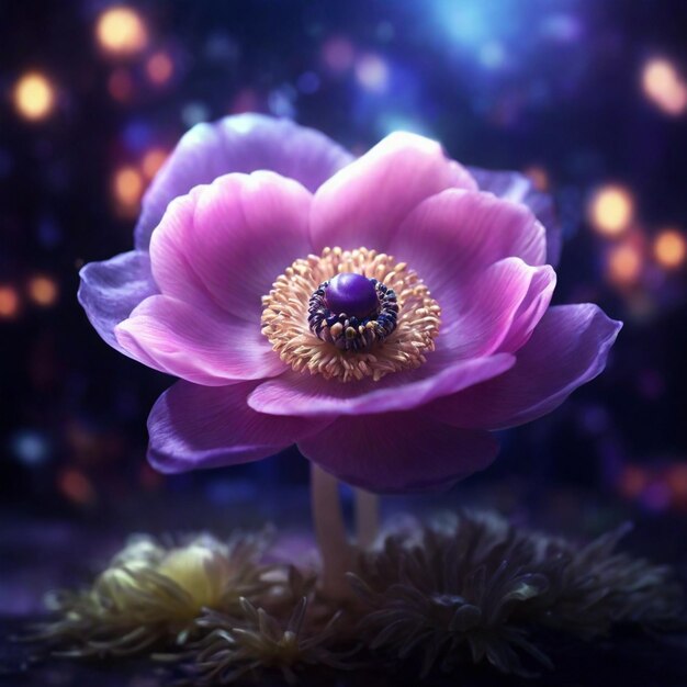 A Beautiful Magical Anemone Flower with magical lights in the background