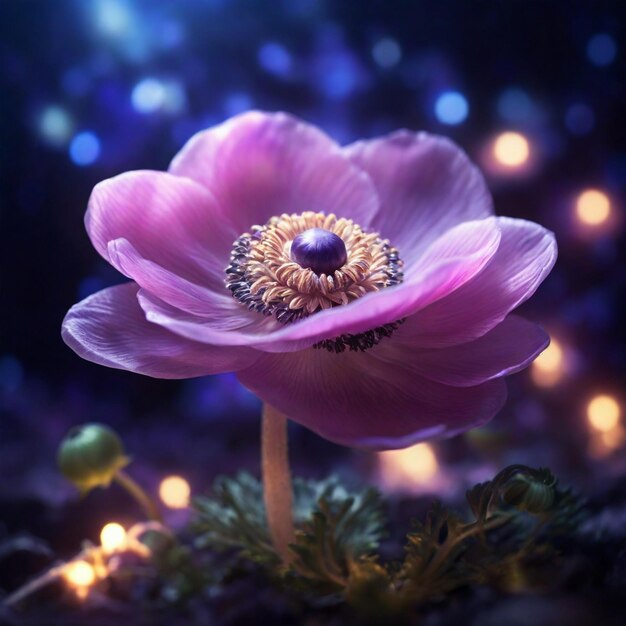 A Beautiful Magical Anemone Flower with magical lights in the background