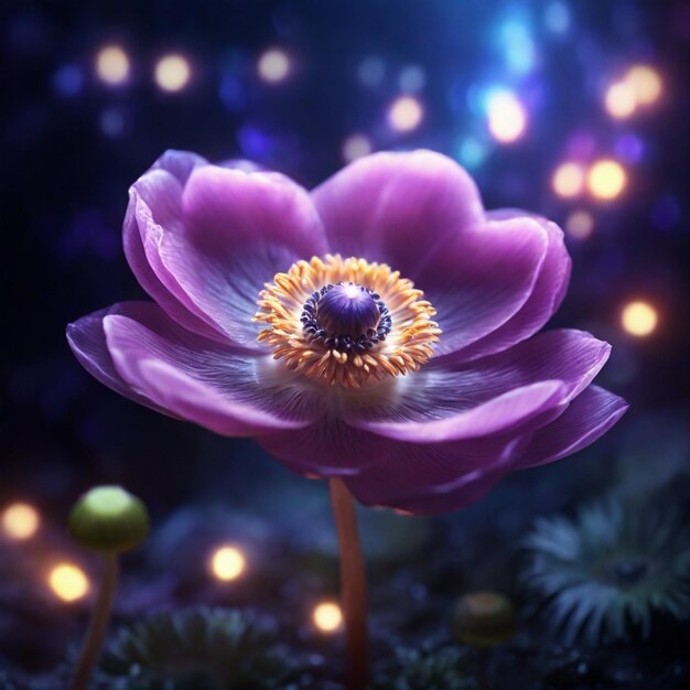 A Beautiful Magical Anemone Flower with magical lights in the background