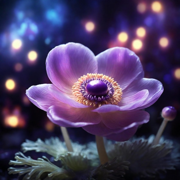 A Beautiful Magical Anemone Flower with magical lights in the background