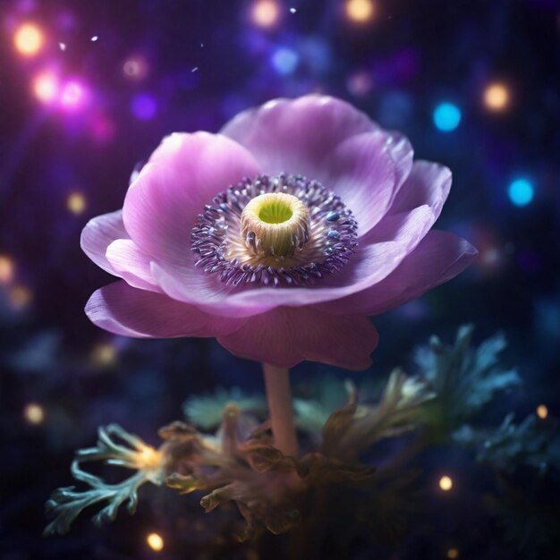 A Beautiful Magical Anemone Flower with magical lights in the background