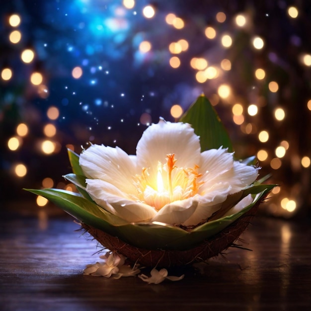 Beautiful Magical Coconut Flower with magical lights in the background