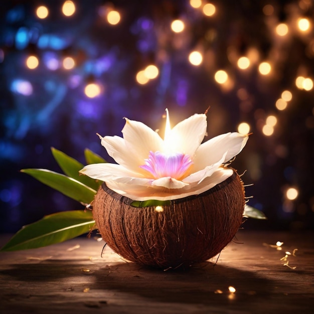 Beautiful Magical Coconut Flower with magical lights in the background