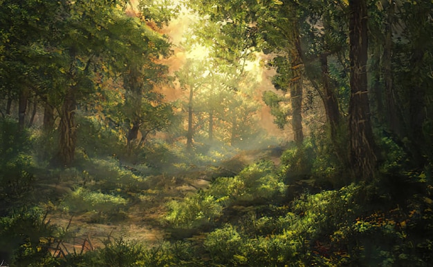 Beautiful magical forest fabulous trees. Forest landscape, sun rays illuminate the leaves and branches of trees. Magical summer forest. Illustration