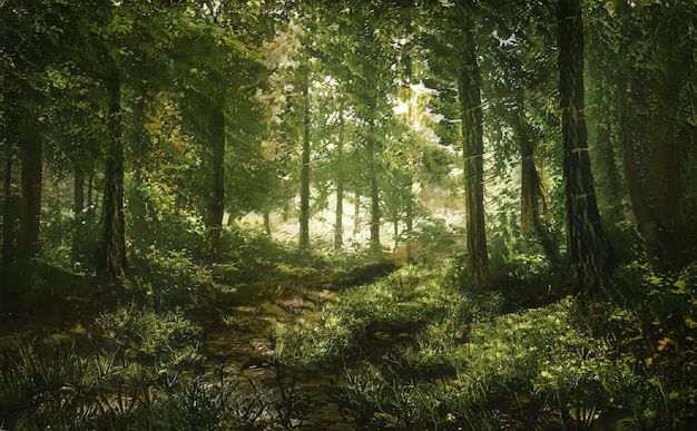 Beautiful magical forest fabulous trees Forest landscape sun rays illuminate the leaves and branches of trees Magical summer forest Illustration