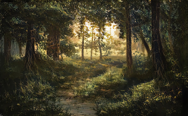 Beautiful magical forest fabulous trees Forest landscape sun rays illuminate the leaves and branches of trees Magical summer forest Illustration