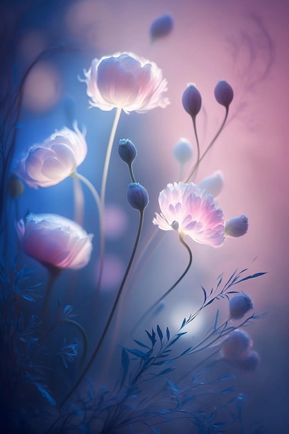 Beautiful magical meadow of glowing white flowers in blue light and fog