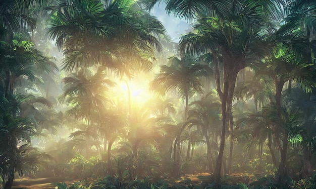 Beautiful magical palm fabulous trees Palm Forest jungle landscape sun rays illuminate the leaves and branches of trees Magical summer 3d illustration